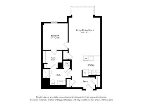 Floor plan for 1 bed, 1 bath, 768 sqft
